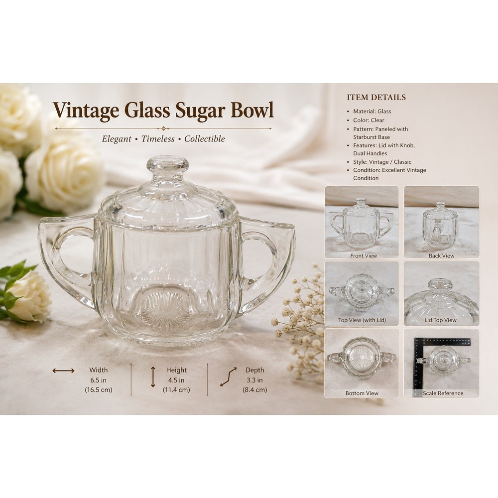 Vintage Clear Pressed Glass Ribbed Sugar Bowl with‎ Lid Starburst Base 2-Handle